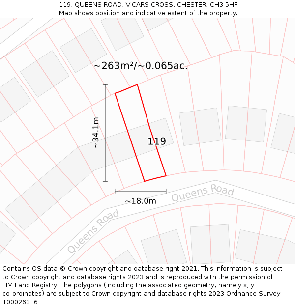 119, QUEENS ROAD, VICARS CROSS, CHESTER, CH3 5HF: Plot and title map