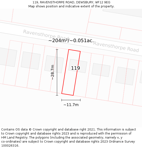 119, RAVENSTHORPE ROAD, DEWSBURY, WF12 9EG: Plot and title map