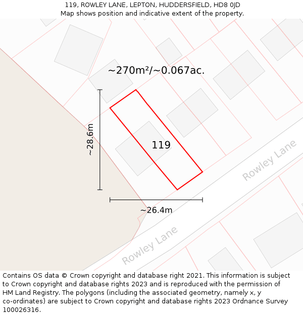 119, ROWLEY LANE, LEPTON, HUDDERSFIELD, HD8 0JD: Plot and title map