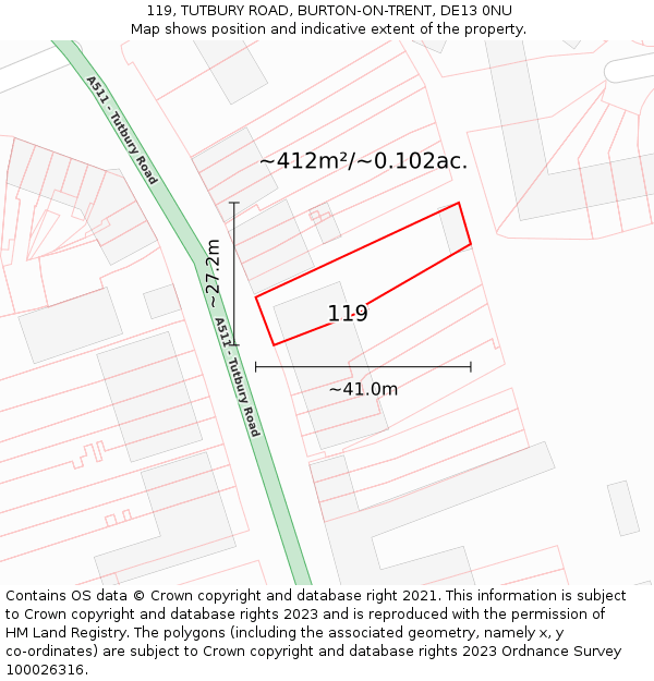 119, TUTBURY ROAD, BURTON-ON-TRENT, DE13 0NU: Plot and title map