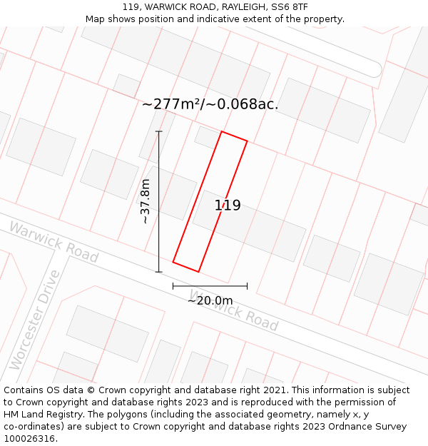 119, WARWICK ROAD, RAYLEIGH, SS6 8TF: Plot and title map