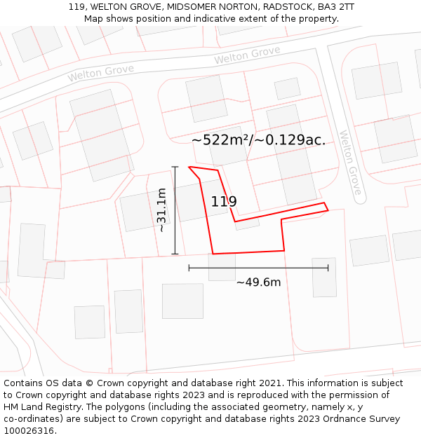 119, WELTON GROVE, MIDSOMER NORTON, RADSTOCK, BA3 2TT: Plot and title map