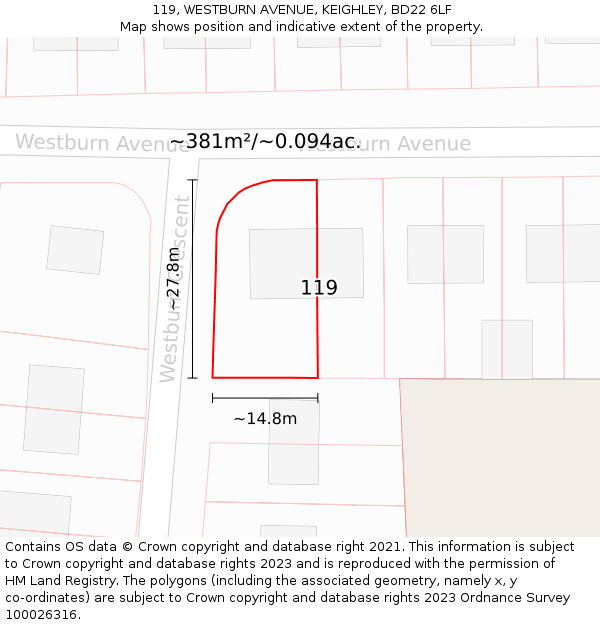 119, WESTBURN AVENUE, KEIGHLEY, BD22 6LF: Plot and title map