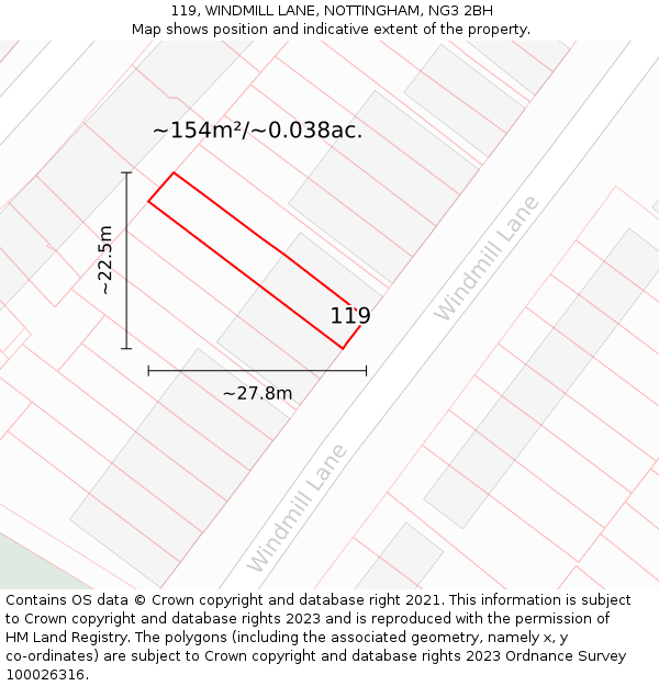 119, WINDMILL LANE, NOTTINGHAM, NG3 2BH: Plot and title map