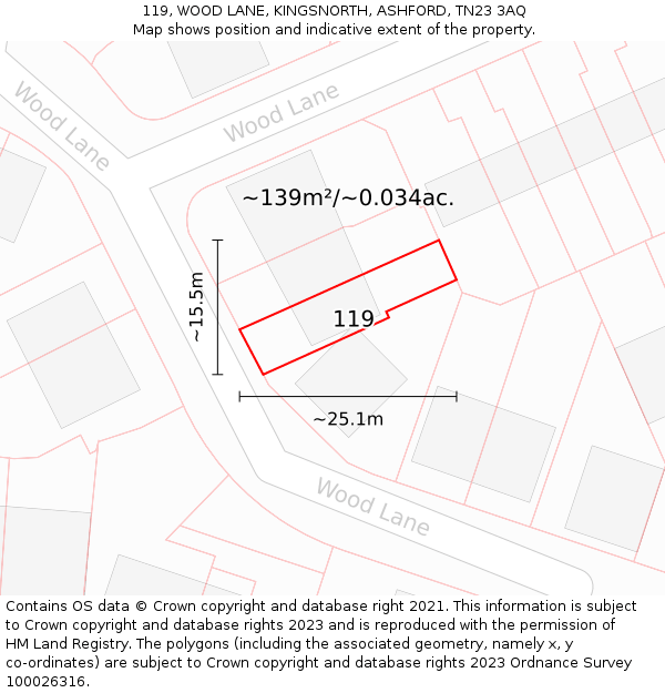 119, WOOD LANE, KINGSNORTH, ASHFORD, TN23 3AQ: Plot and title map
