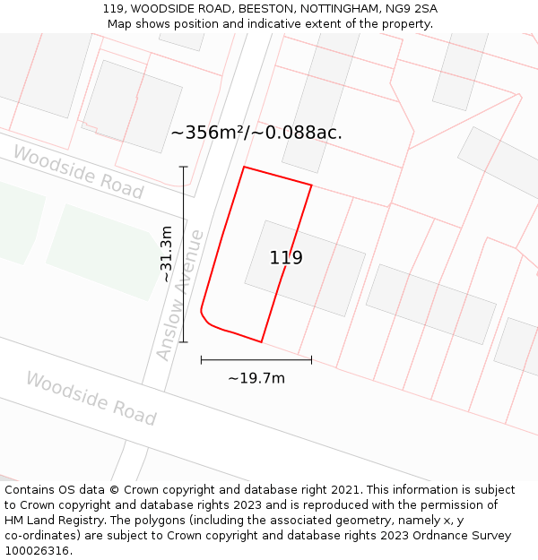 119, WOODSIDE ROAD, BEESTON, NOTTINGHAM, NG9 2SA: Plot and title map