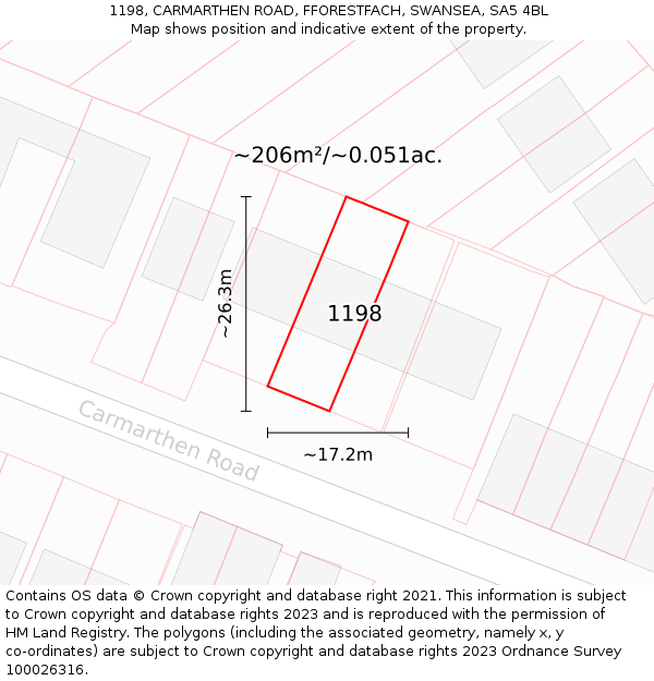 1198, CARMARTHEN ROAD, FFORESTFACH, SWANSEA, SA5 4BL: Plot and title map