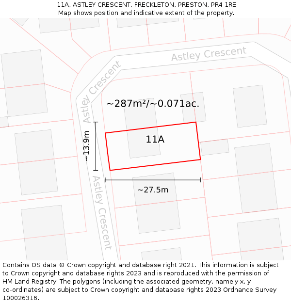 11A, ASTLEY CRESCENT, FRECKLETON, PRESTON, PR4 1RE: Plot and title map