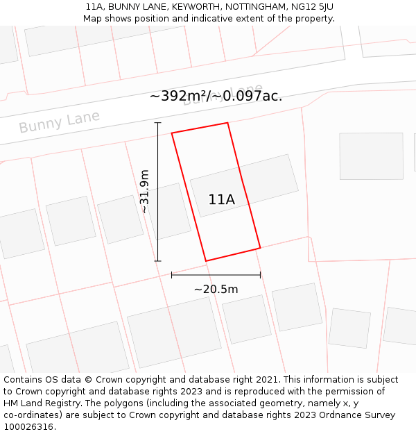11A, BUNNY LANE, KEYWORTH, NOTTINGHAM, NG12 5JU: Plot and title map