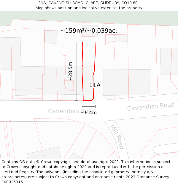 11A, CAVENDISH ROAD, CLARE, SUDBURY, CO10 8PH: Plot and title map