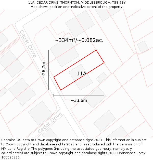 11A, CEDAR DRIVE, THORNTON, MIDDLESBROUGH, TS8 9BY: Plot and title map