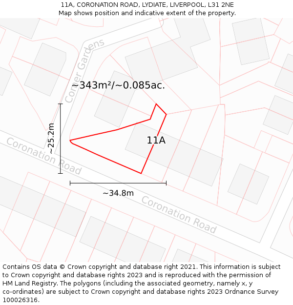 11A, CORONATION ROAD, LYDIATE, LIVERPOOL, L31 2NE: Plot and title map