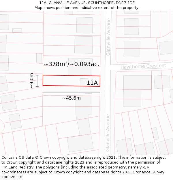 11A, GLANVILLE AVENUE, SCUNTHORPE, DN17 1DF: Plot and title map