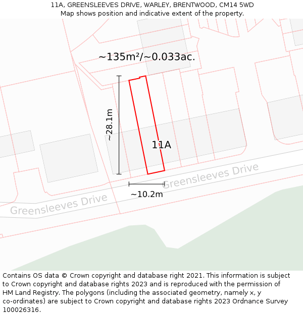 11A, GREENSLEEVES DRIVE, WARLEY, BRENTWOOD, CM14 5WD: Plot and title map