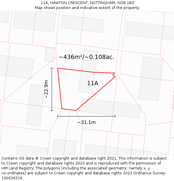 11A, HAWTON CRESCENT, NOTTINGHAM, NG8 1BZ: Plot and title map
