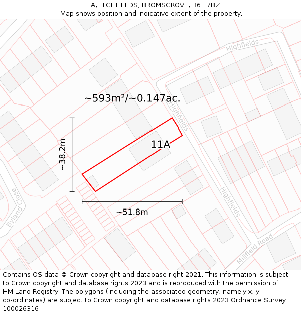 11A, HIGHFIELDS, BROMSGROVE, B61 7BZ: Plot and title map