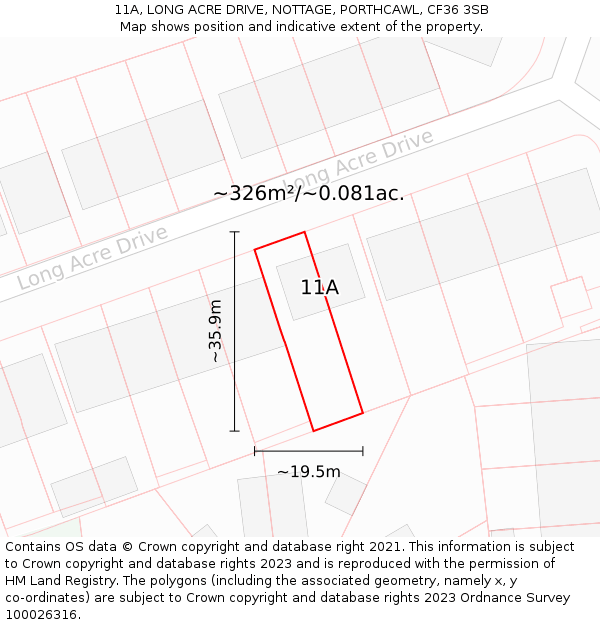 11A, LONG ACRE DRIVE, NOTTAGE, PORTHCAWL, CF36 3SB: Plot and title map