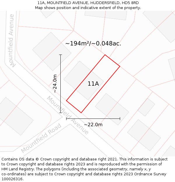 11A, MOUNTFIELD AVENUE, HUDDERSFIELD, HD5 8RD: Plot and title map