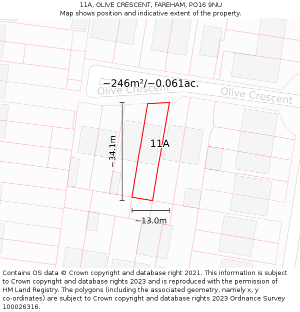 11A, OLIVE CRESCENT, FAREHAM, PO16 9NU: Plot and title map