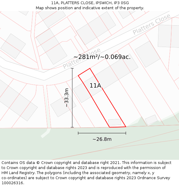 11A, PLATTERS CLOSE, IPSWICH, IP3 0SG: Plot and title map