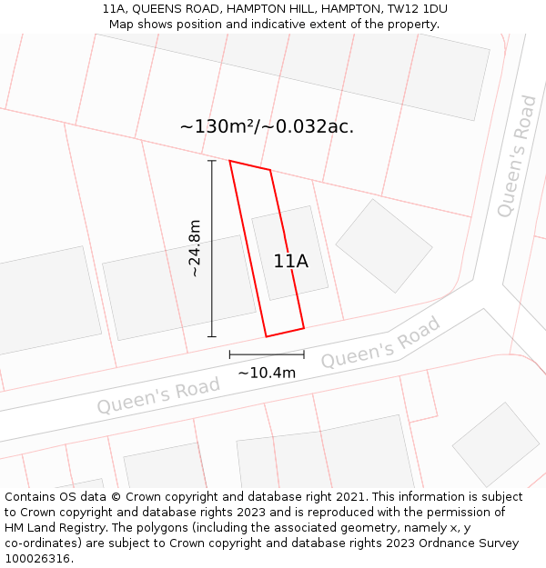 11A, QUEENS ROAD, HAMPTON HILL, HAMPTON, TW12 1DU: Plot and title map
