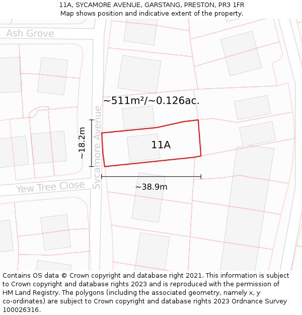 11A, SYCAMORE AVENUE, GARSTANG, PRESTON, PR3 1FR: Plot and title map