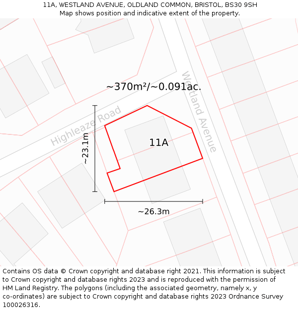 11A, WESTLAND AVENUE, OLDLAND COMMON, BRISTOL, BS30 9SH: Plot and title map