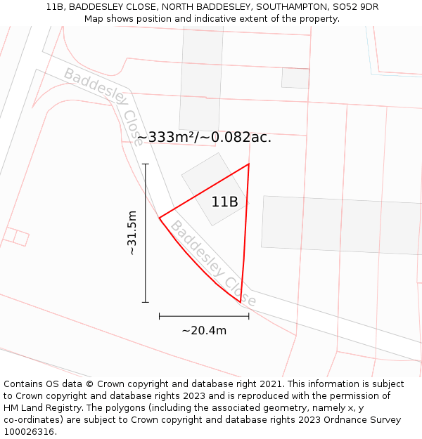 11B, BADDESLEY CLOSE, NORTH BADDESLEY, SOUTHAMPTON, SO52 9DR: Plot and title map