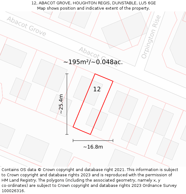 12, ABACOT GROVE, HOUGHTON REGIS, DUNSTABLE, LU5 6GE: Plot and title map