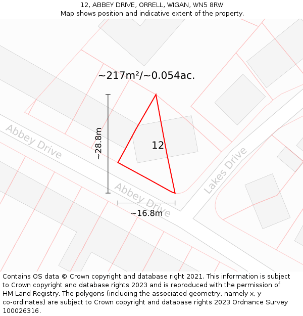 12, ABBEY DRIVE, ORRELL, WIGAN, WN5 8RW: Plot and title map
