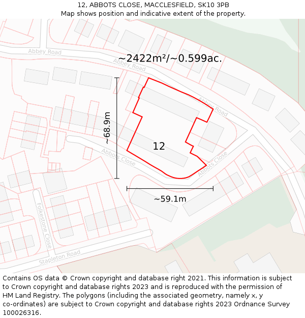 12, ABBOTS CLOSE, MACCLESFIELD, SK10 3PB: Plot and title map