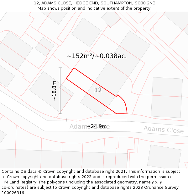 12, ADAMS CLOSE, HEDGE END, SOUTHAMPTON, SO30 2NB: Plot and title map