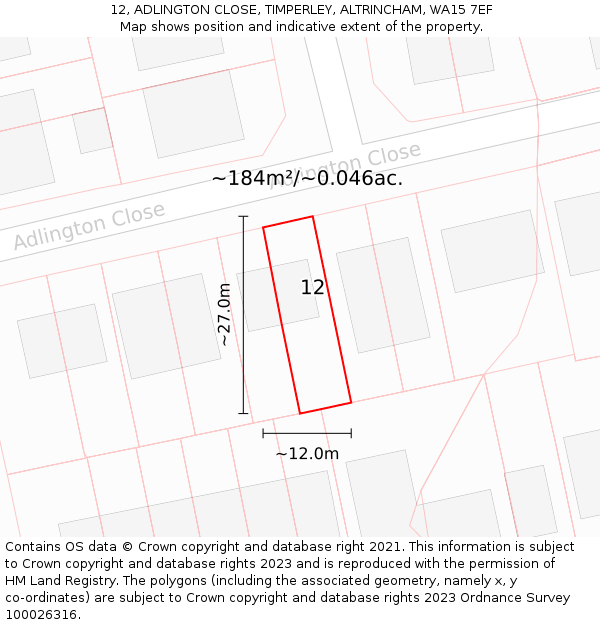 12, ADLINGTON CLOSE, TIMPERLEY, ALTRINCHAM, WA15 7EF: Plot and title map