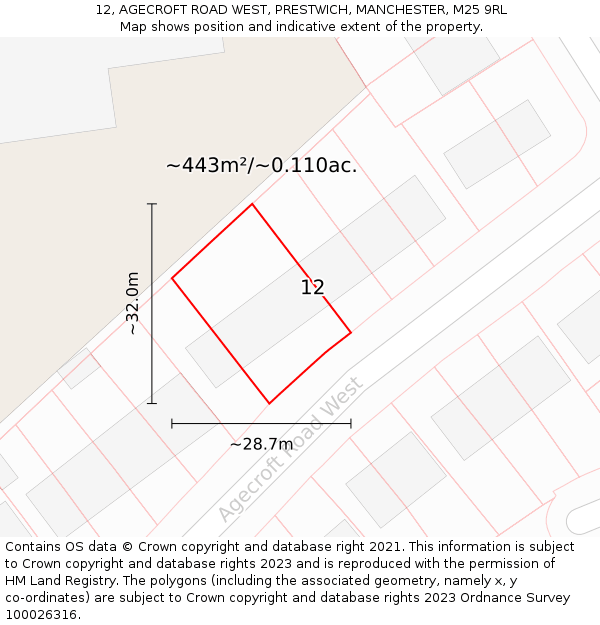 12, AGECROFT ROAD WEST, PRESTWICH, MANCHESTER, M25 9RL: Plot and title map