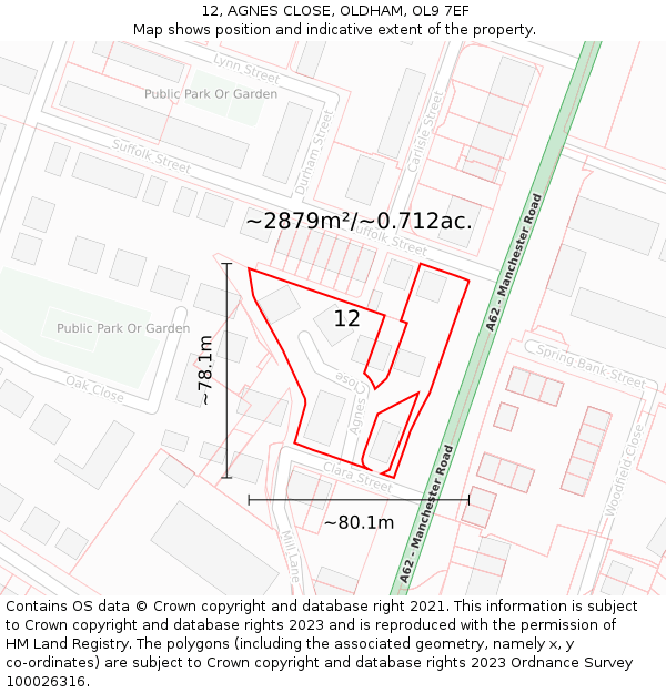 12, AGNES CLOSE, OLDHAM, OL9 7EF: Plot and title map