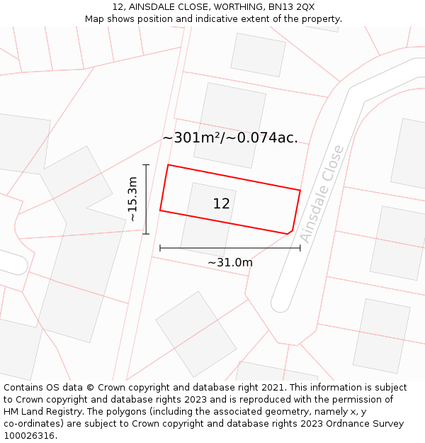 12, AINSDALE CLOSE, WORTHING, BN13 2QX: Plot and title map