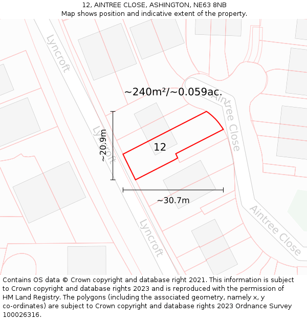 12, AINTREE CLOSE, ASHINGTON, NE63 8NB: Plot and title map