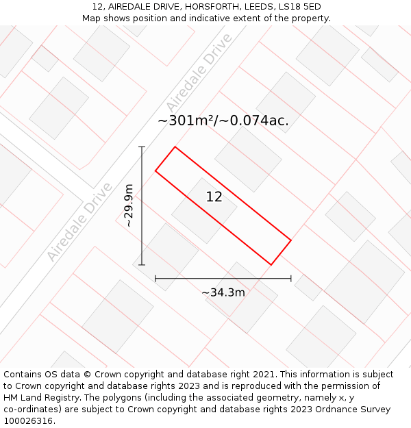 12, AIREDALE DRIVE, HORSFORTH, LEEDS, LS18 5ED: Plot and title map
