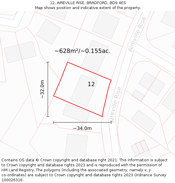 12, AIREVILLE RISE, BRADFORD, BD9 4ES: Plot and title map