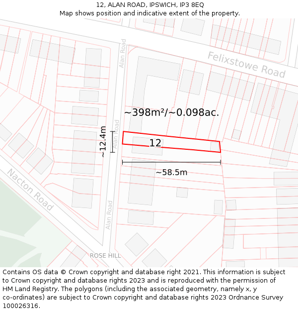 12, ALAN ROAD, IPSWICH, IP3 8EQ: Plot and title map