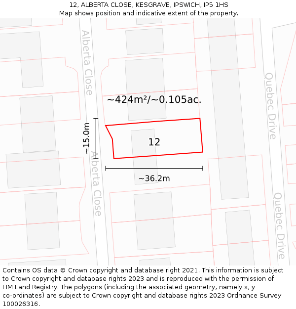 12, ALBERTA CLOSE, KESGRAVE, IPSWICH, IP5 1HS: Plot and title map