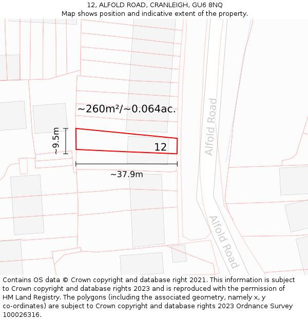 12, ALFOLD ROAD, CRANLEIGH, GU6 8NQ: Plot and title map