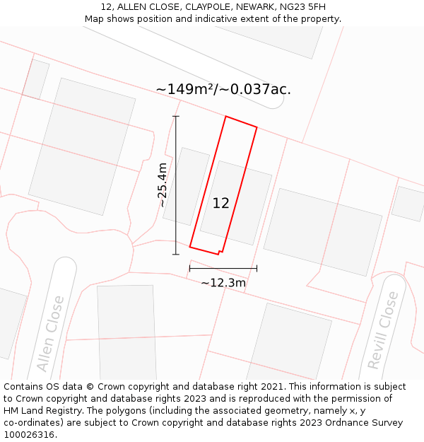 12, ALLEN CLOSE, CLAYPOLE, NEWARK, NG23 5FH: Plot and title map