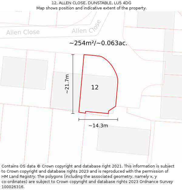 12, ALLEN CLOSE, DUNSTABLE, LU5 4DG: Plot and title map