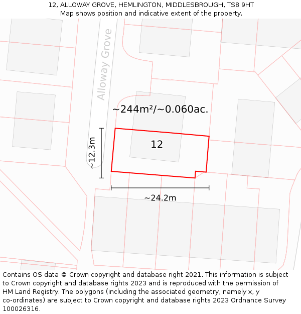 12, ALLOWAY GROVE, HEMLINGTON, MIDDLESBROUGH, TS8 9HT: Plot and title map