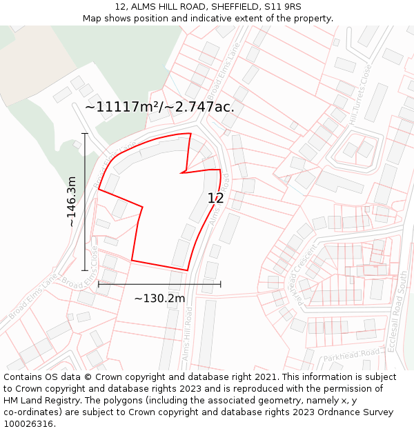 12, ALMS HILL ROAD, SHEFFIELD, S11 9RS: Plot and title map