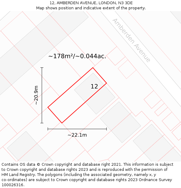 12, AMBERDEN AVENUE, LONDON, N3 3DE: Plot and title map
