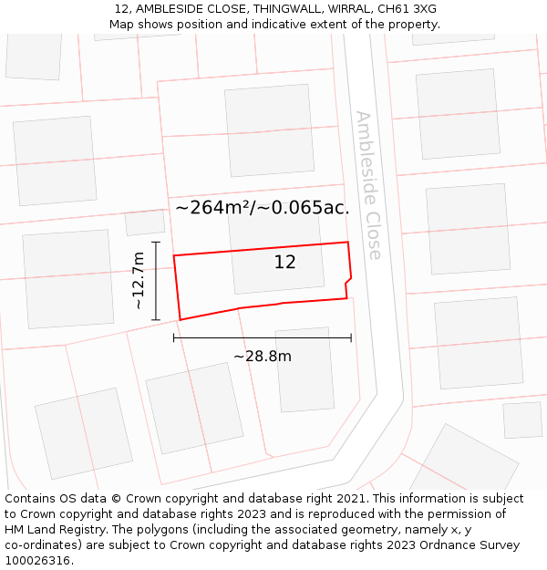 12, AMBLESIDE CLOSE, THINGWALL, WIRRAL, CH61 3XG: Plot and title map