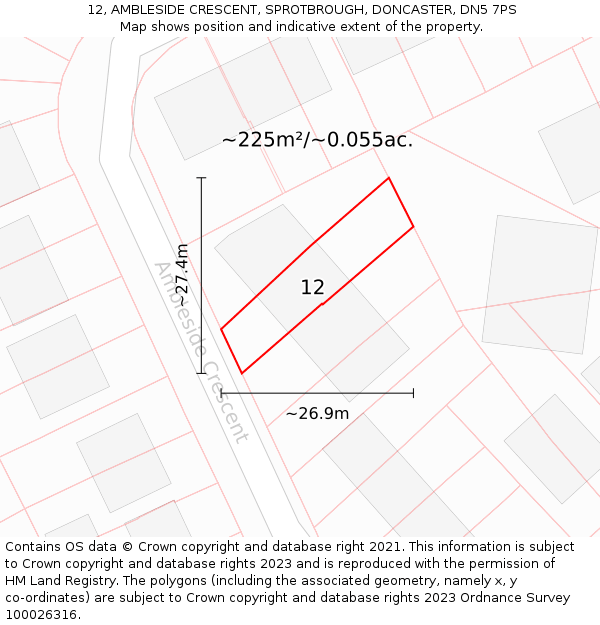 12, AMBLESIDE CRESCENT, SPROTBROUGH, DONCASTER, DN5 7PS: Plot and title map