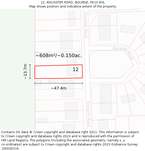 12, ANCASTER ROAD, BOURNE, PE10 9HL: Plot and title map